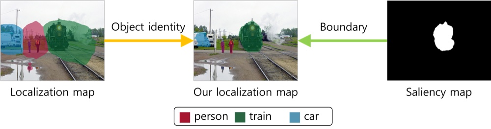 Image labels and a saliency map provide complementary signals for a segmentation mask.