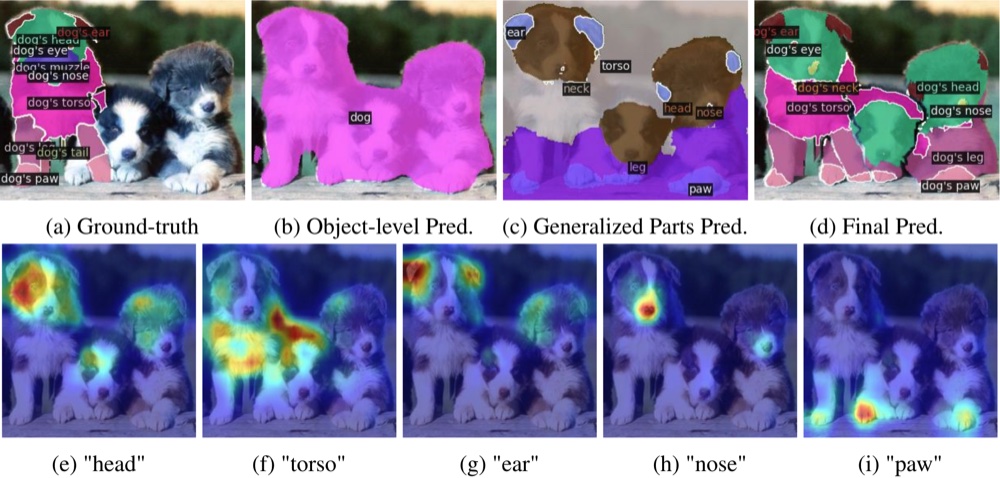 A dog segmented into object-level and part-level regions, with part attention maps.